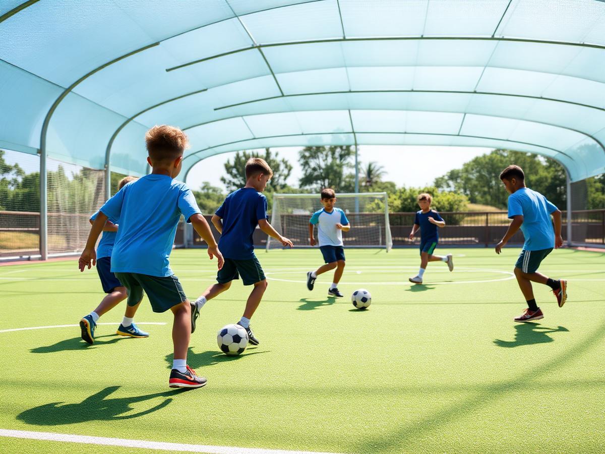 Alunos praticando futsal na quadra coberta