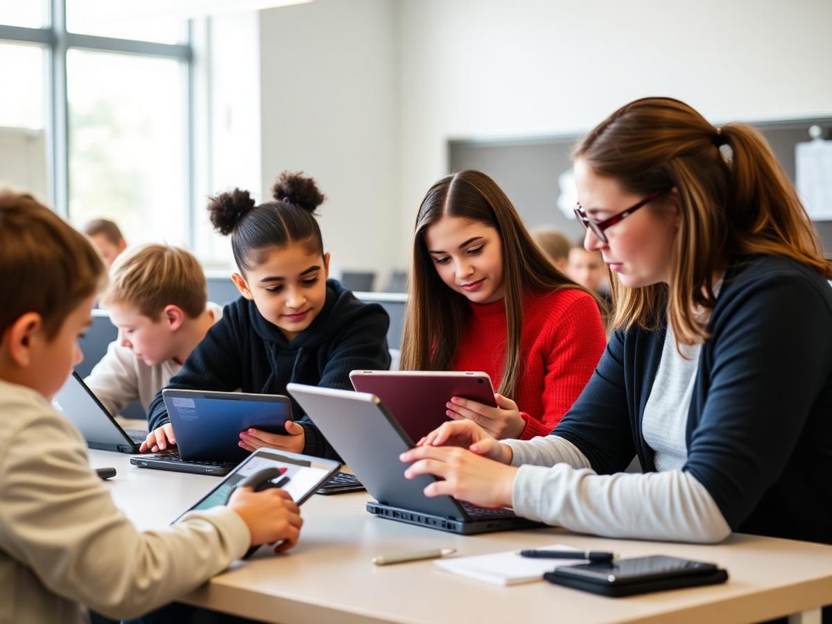 Alunos utilizando tecnologia educacional em sala